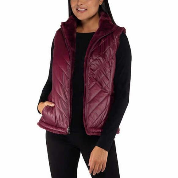 New Nicole Miller Women's Reversible Faux Fur Insulated Quilted Puffer Vest - Picture 2 of 8
